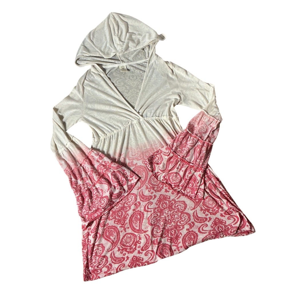 Balance Collection Paisley Ombre Hooded Tunic Womens Medium Pink Bell Sleeve